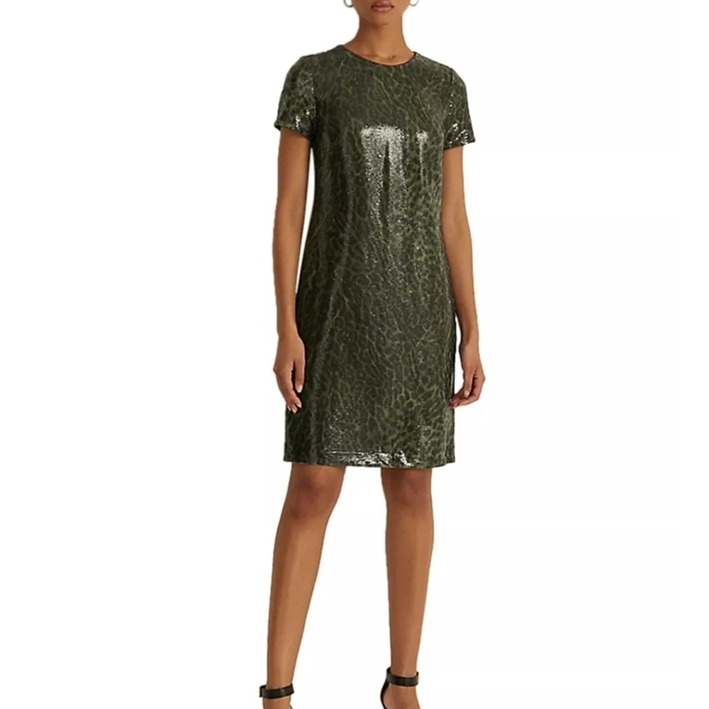 Lauren Ralph Lauren Shimmering Farm Olive Mini Dress Size 12 NWT